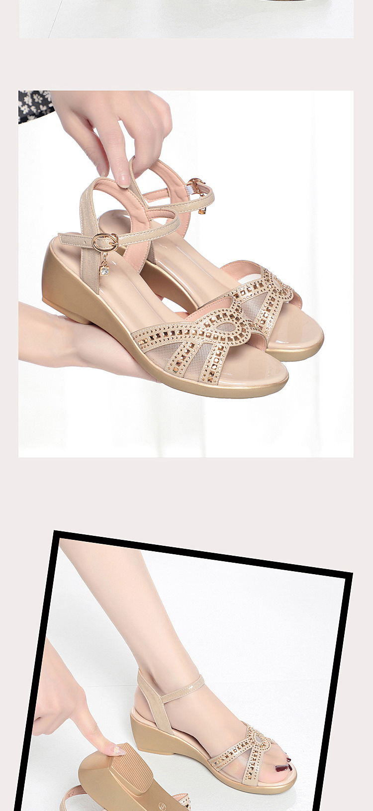Sandal nữ đế xuồng da thật gót vừa thoải mái — Màu đen chi tiết 11