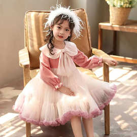 韩版洋气时髦女童公主裙2025秋季新款娃娃领渐变色重工女孩蓬蓬裙