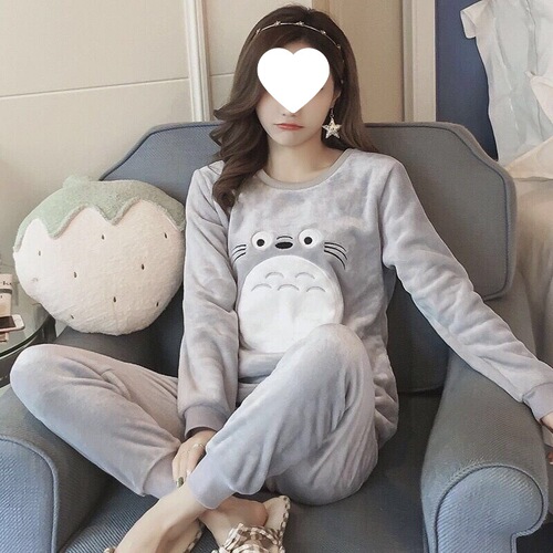 Winter Fall Thick Sleepwear Set for Women with Long Sleeves, Cartoon Student Coral Fleece, Cute Korean Style Homecoming Suit