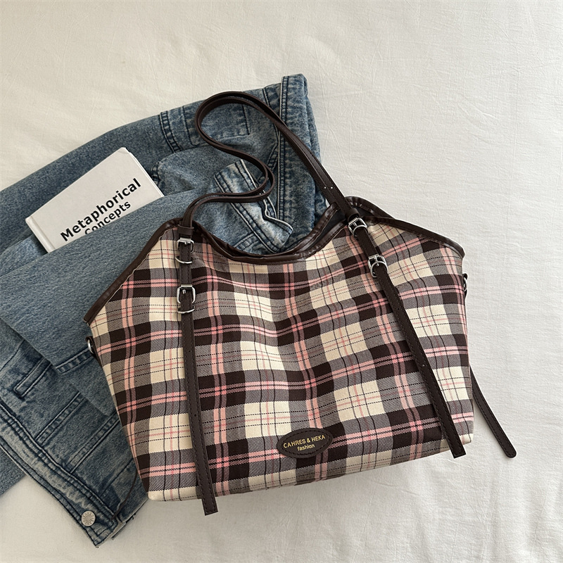 Bolso Tote a cuadros de color en contraste de gran capacidad para mujer 2024 nuevo bolso de hombro de lona casual de moda de viaje de trabajo de otoño