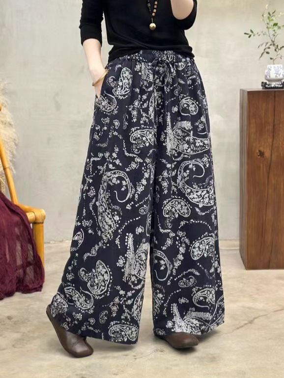 古咖服饰2025秋季复古雨露亚麻印花阔腿裤女式松紧腰系带宽松长裤|undefined