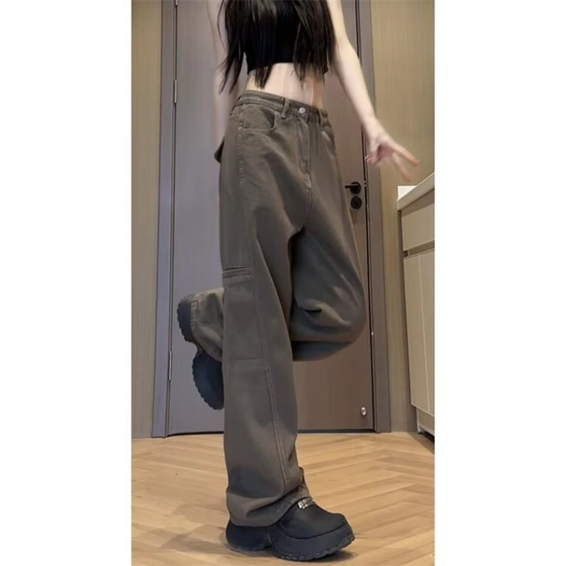 2024 New Arrival American Style Retro Pants High Street Brown Logging Jeans Men's Straight-Leg Caution Pants Hong Kong Style Casual