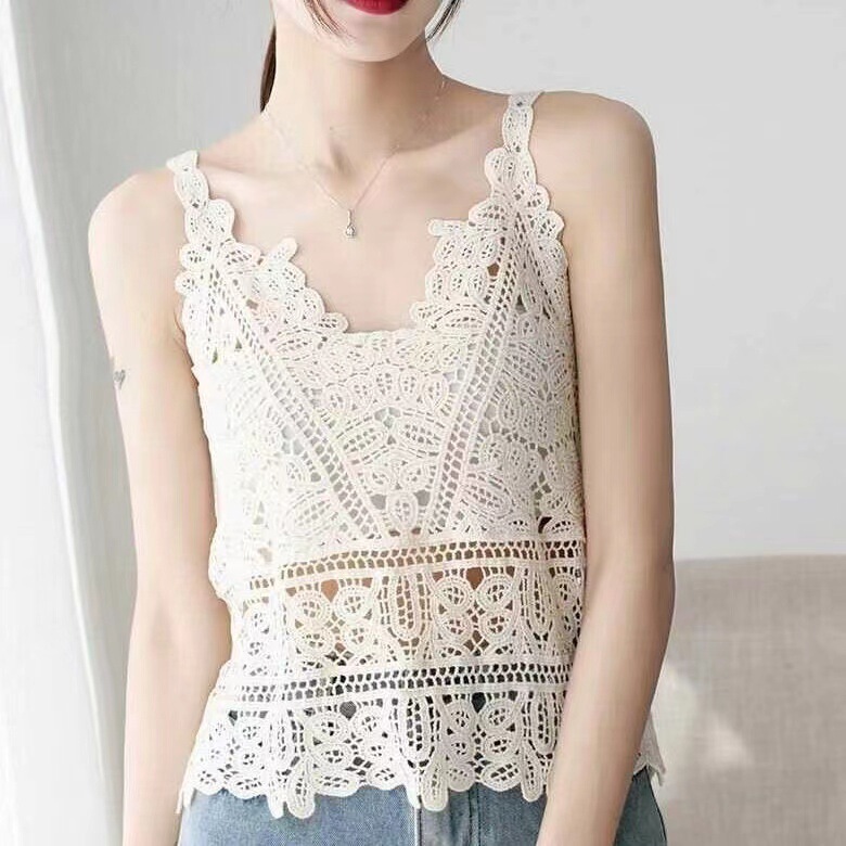 Crochet Lace Hollow Blouse Women's Bohemian Style Summer Seaside Camisole Outer Wear Beach Vacation Top