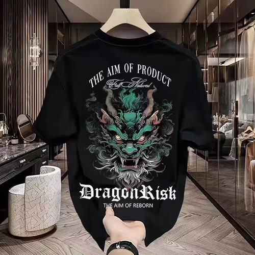 Summer Heavyweight Pure Cotton Short Sleeve T-Shirt for Men, Trendy Brand, Ins Inspired Loose Casual Crew Neck Printed Top, Hong Kong Style Fashion Half Sleeve T-Shirt