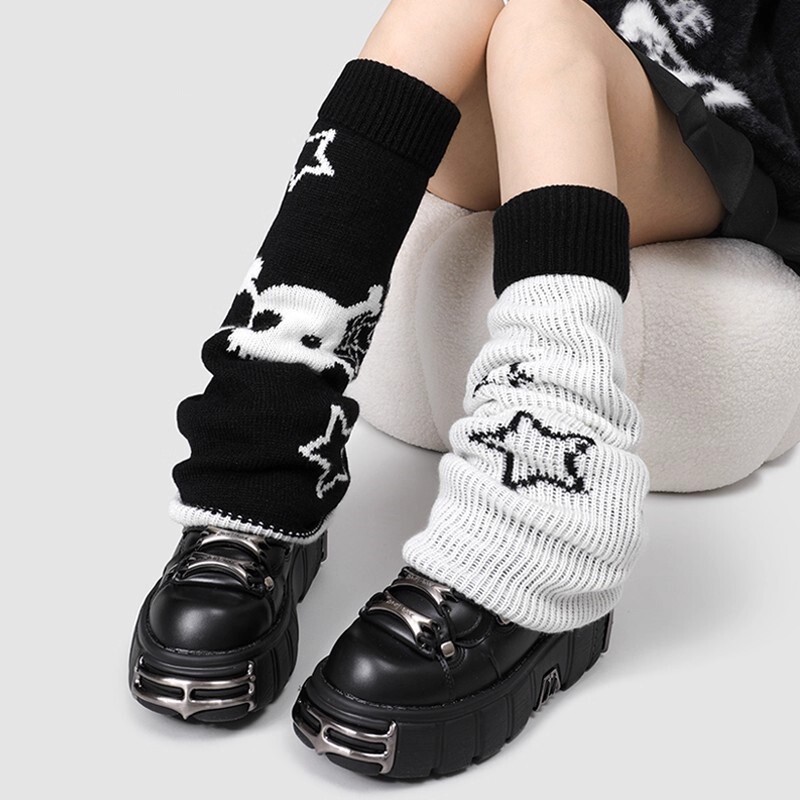 Punk-Style Wide-Leg Knit Leg Warmers Y2K Skull Leg Warmers Subculture Reversible Slimming Calf Slouch Socks
