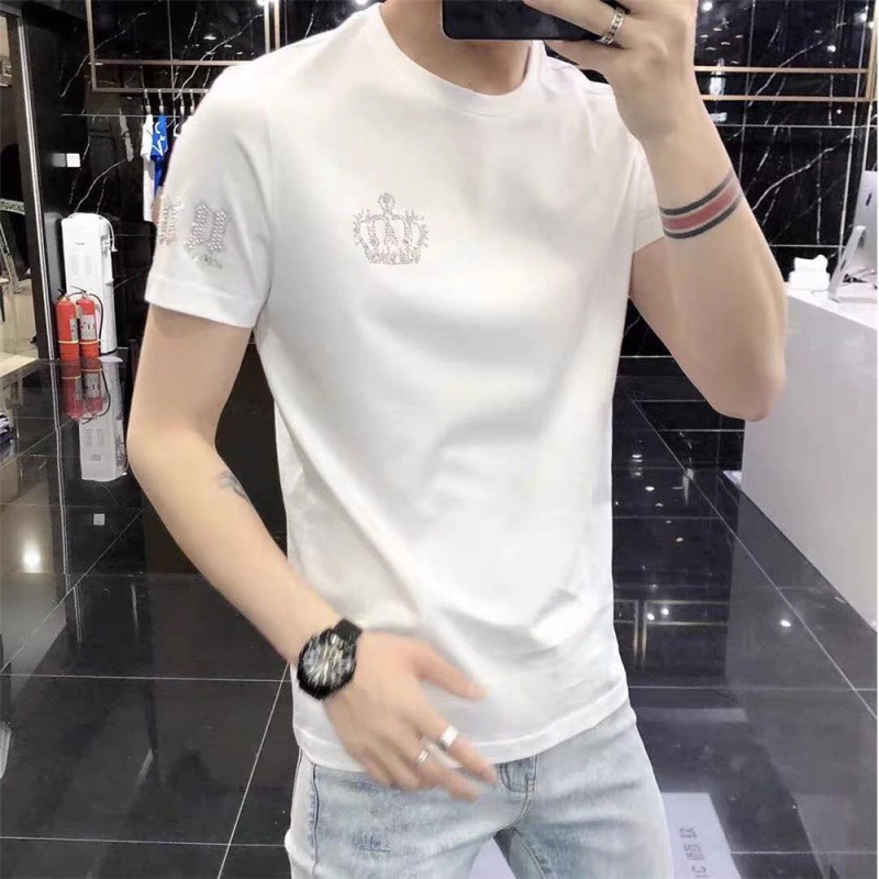European Fashion Brand Crown Hot Diamond Short sleeved Men's High end Cotton Half Sleeve Versatile T-shirt Bottom_voghion.com
