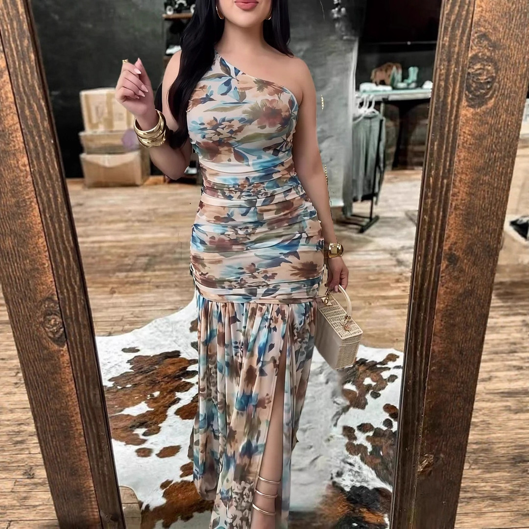 2025 European and American Fashion Amazon Independent Station Digital Printing Off-Shoulder Sleeveless Dress with Slit