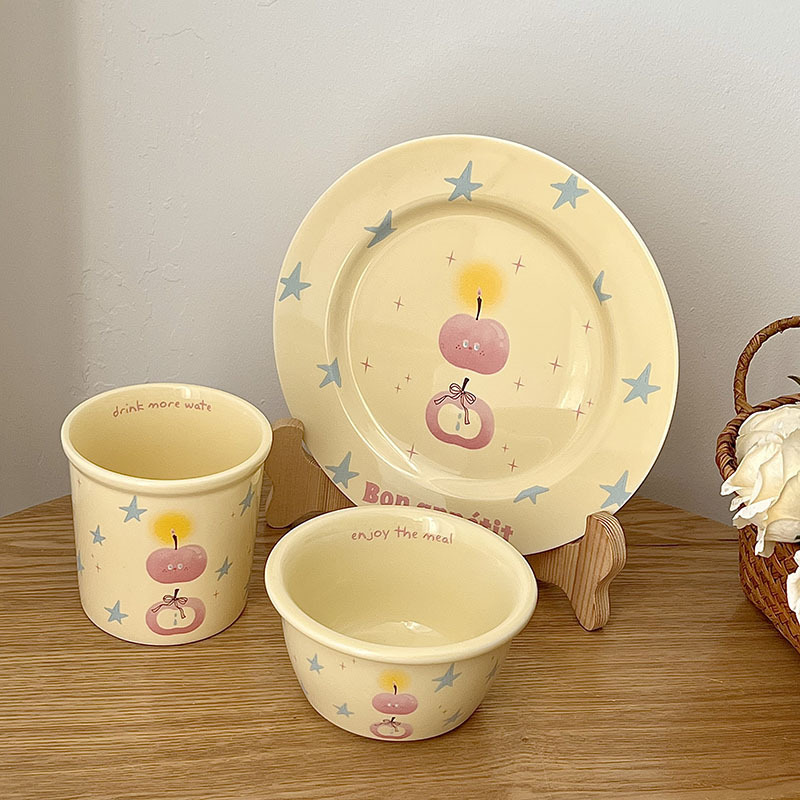 Ins Style Cream Star Apple Tableware Household Ceramic Rice Bowl Hand Cup Plate High-Looking One-Person Food Set