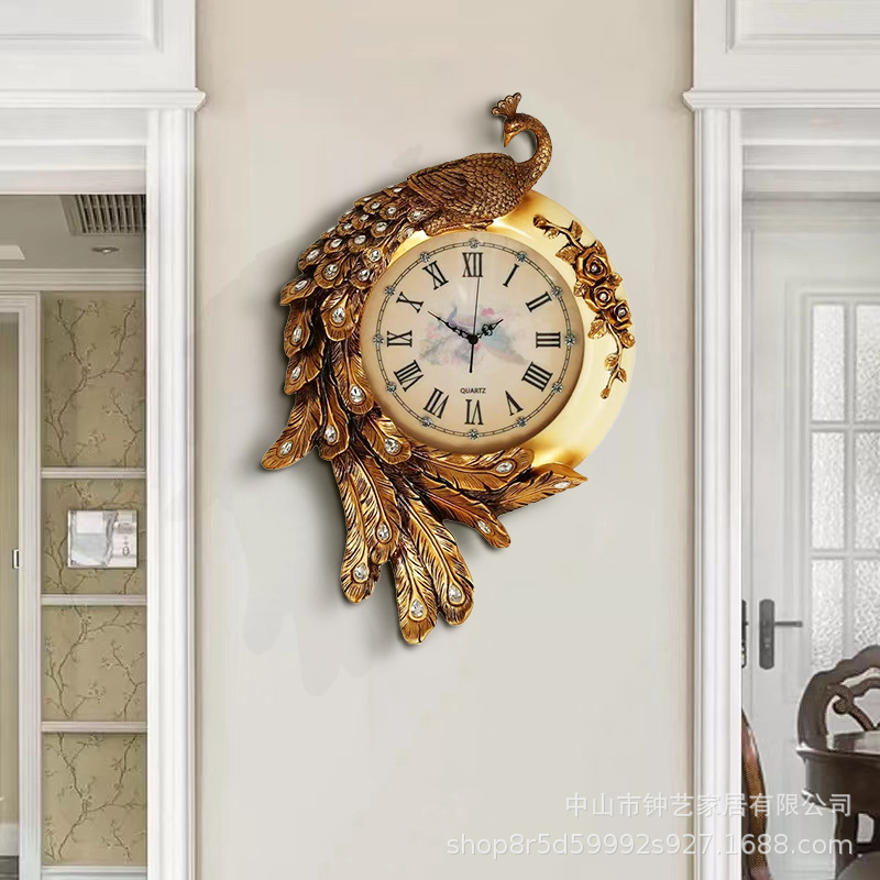 欧式孔雀挂钟复古创意客厅装饰时钟工艺品钟表树脂典雅卧室静音挂