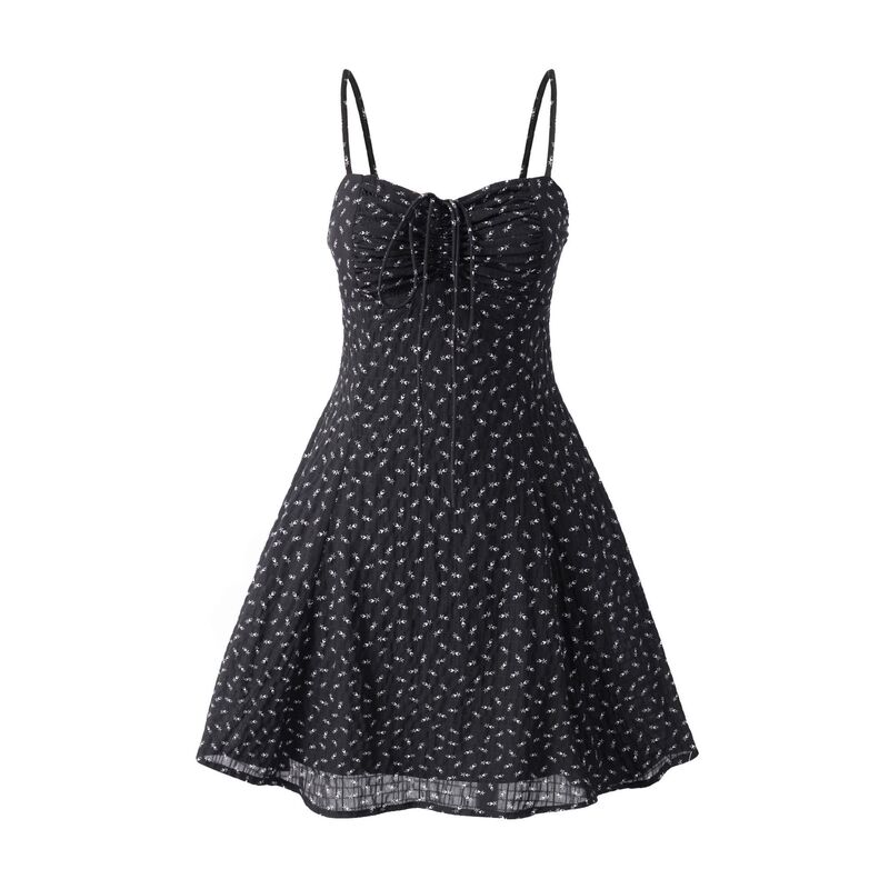 L25016-24 Winter New European and American Style Pleated Drawstring Vacation Large Swing Skirt Floral Sling dress