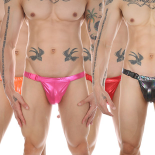 CLEVER-MENMODE men's reflective metal texture laser imitation leather surfing swimming trunks side buckle underpants US size
