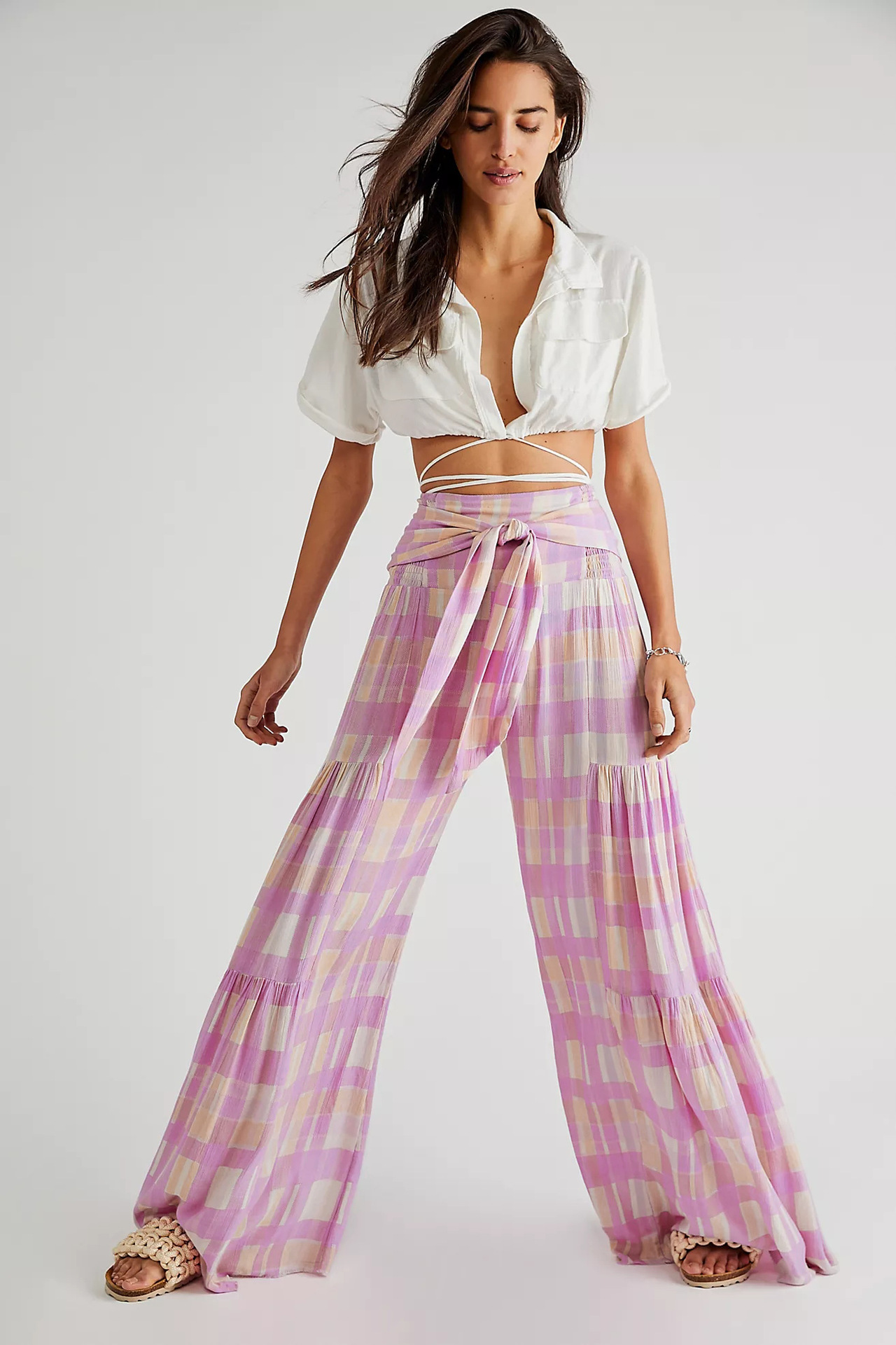 Floral Printing high waist Strap Belt Wide Leg bell-bottoms NSMID128651