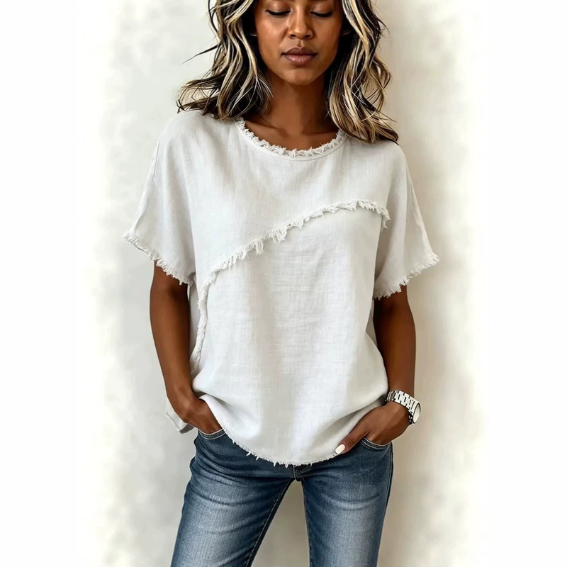 2026 Amazon European and American Cross-Border Foreign Trade Women's Clothing Spring/Summer New Round Neck Short Sleeve Tassel Patchwork Cotton-Linen Shirt 2026 Amazon European and American Cross-Border Foreign Trade Women's Clothing Spring/Summer New Round Neck Short Sleeve Tassel Patchwork Cotton-Linen Shirt