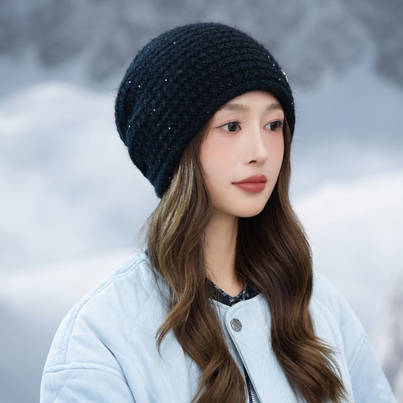 Korean Style Versatile Fleece Lined Plaid Sequin Slouchy Autumn Winter Artistic Retro Cold-Proof Warm Hat Outdoor Travel_voghion.com