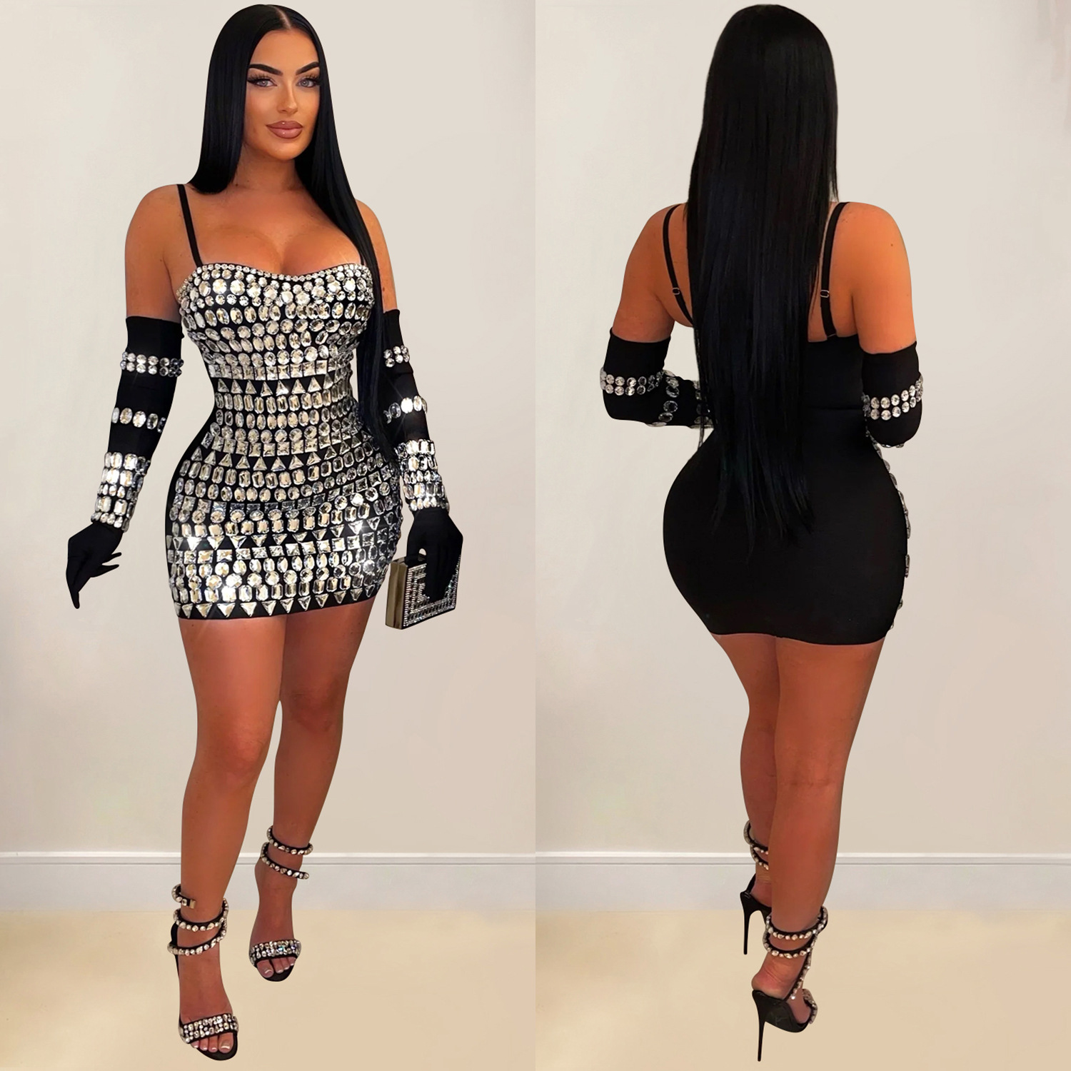 C6888 Transbordador AliExpress Amazon Moda europea y americana Vestido de falda larga con guantes de honda sexy de diamantes calientes para mujer image 3