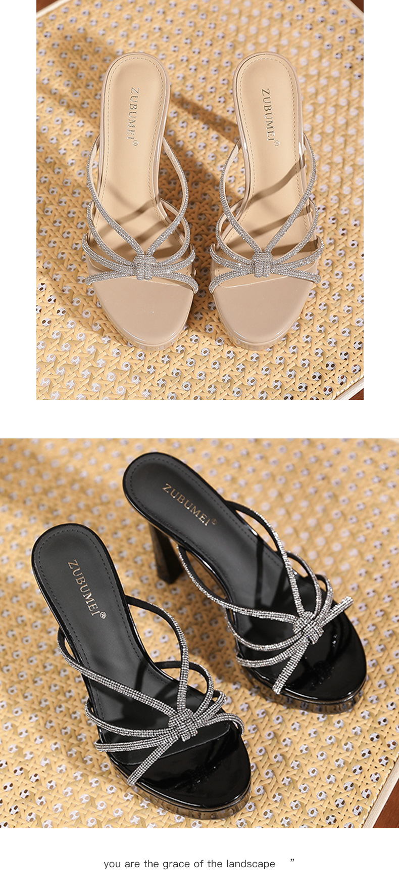 Sandal cao gót nữ mũi nhọn quai chéo đính đá, gót 11 cm — Màu nude - 11cm chi tiết 8
