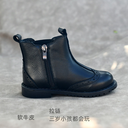 Children's boots genuine leather Martin boots girls' short boots infant boots  autumn and winter leather boots single boots cotton boots soft sole British style