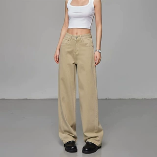 纯棉浅卡其色牛仔裤女2026春季新款高腰显瘦直筒宽松窄版休闲长裤