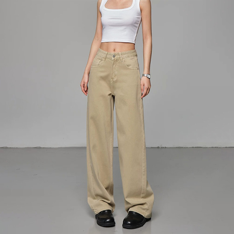 Pure cotton light khaki women's jeans, 2026 spring new style, high-waisted, slimming, straight-leg, loose, narrow-fit casual trousers Pure cotton light khaki women's jeans, 2026 spring new style, high-waisted, slimming, straight-leg, loose, narrow-fit casual trousers
