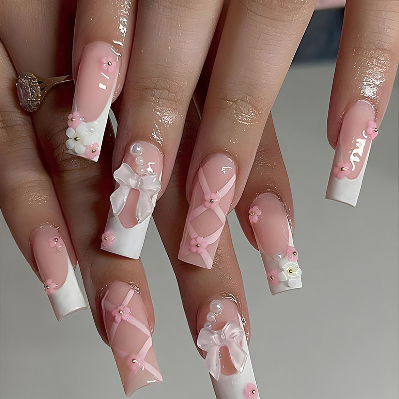 Cross-border Hot-selling Nail Dressing Armor Mid-length White French Style Three-dimensional Pearl Butterfly Girl Ballet False Nails