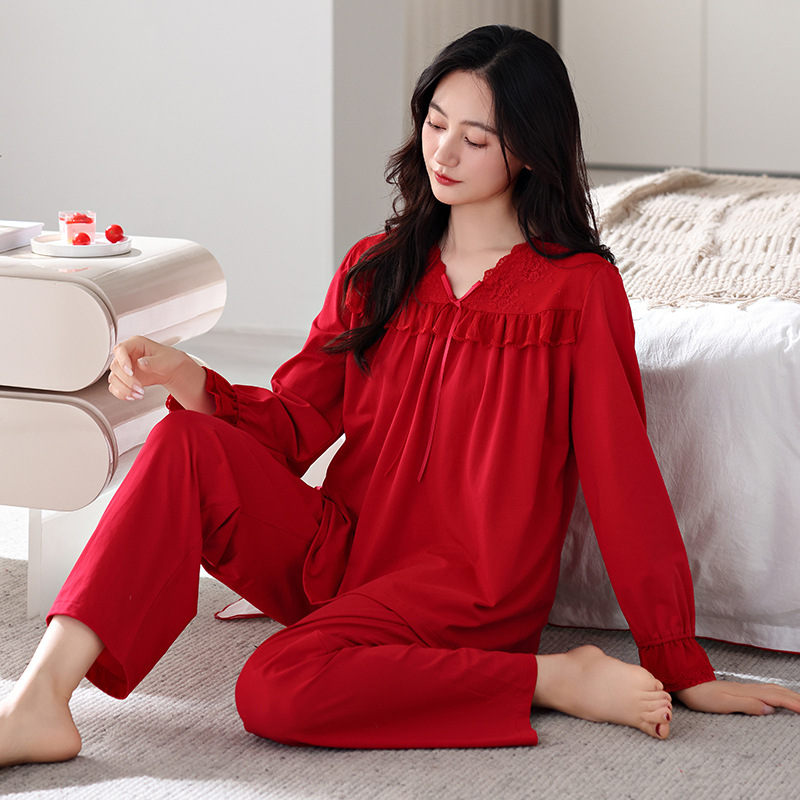 2025 Autumn Cross-Border Popular Pure Cotton Pajamas Women's Cardigan Long Sleeve Long Pants Homewear Set Suitable for Casual Wear Outside