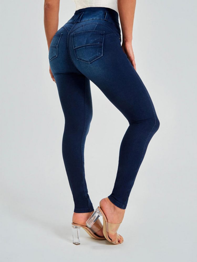 Jeans Ajustados de Cintura Alta para Mujer de Mezclilla de Algodón con Alta Elasticidad