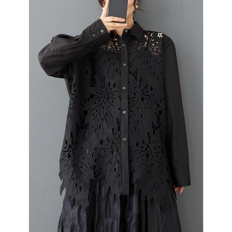 2026 Autumn and Winter Cross-Border Export New Black Lace Panel Women's Shirt Casual Wide