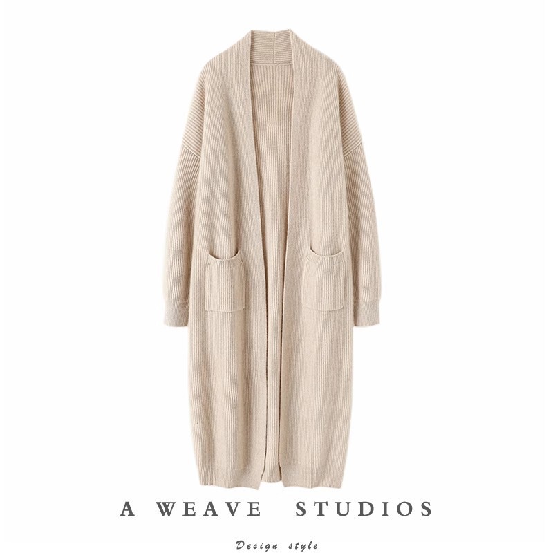 Heavy Weightweight, Elegant, Simple, Thick, Soft and Waxy Pure Cashmere Knitted Cardigan for Women, Loose Mid-Length Sweater, Large Outwear over the Knee