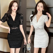 5602性感V领低胸连衣裙设计感扭结紧身显身材蕾丝短款包臀打底裙