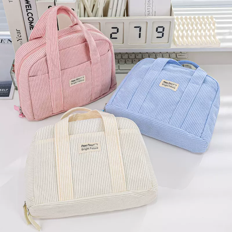 2025亚马逊新款灯芯绒铅笔盒便携式大容量文具包多功能手提小方包