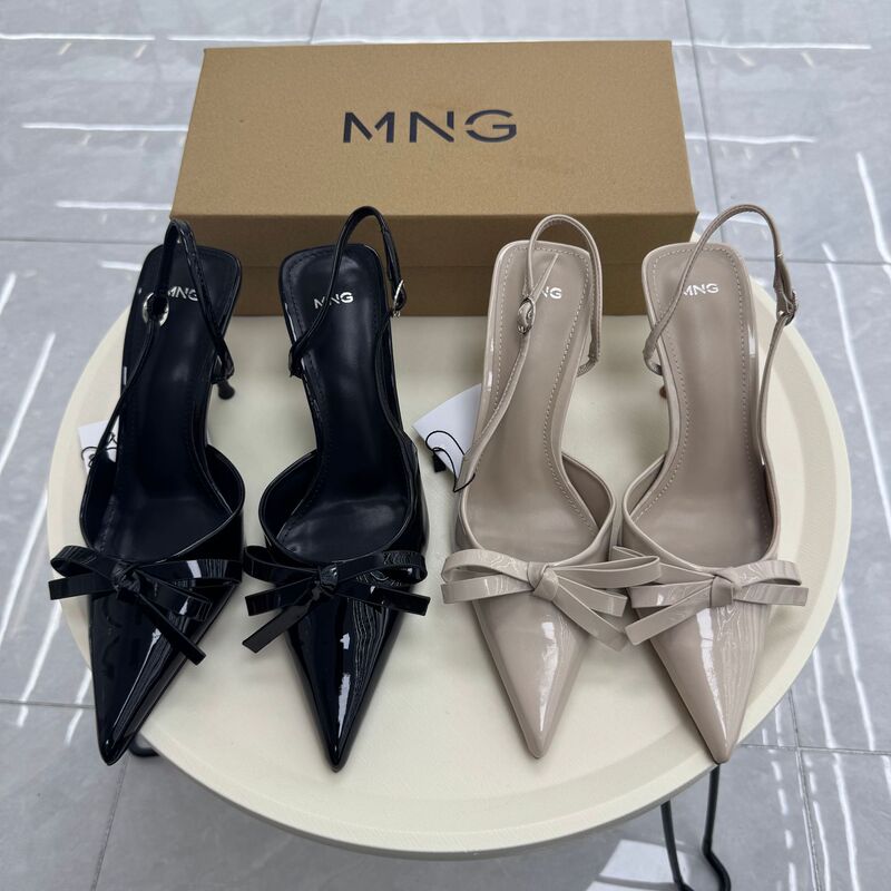 Spanish Mango 2026 Summer New Pointed-Toe Gentle Nude Bowknot Side-Cut Patent Leather High-Heeled Sandals