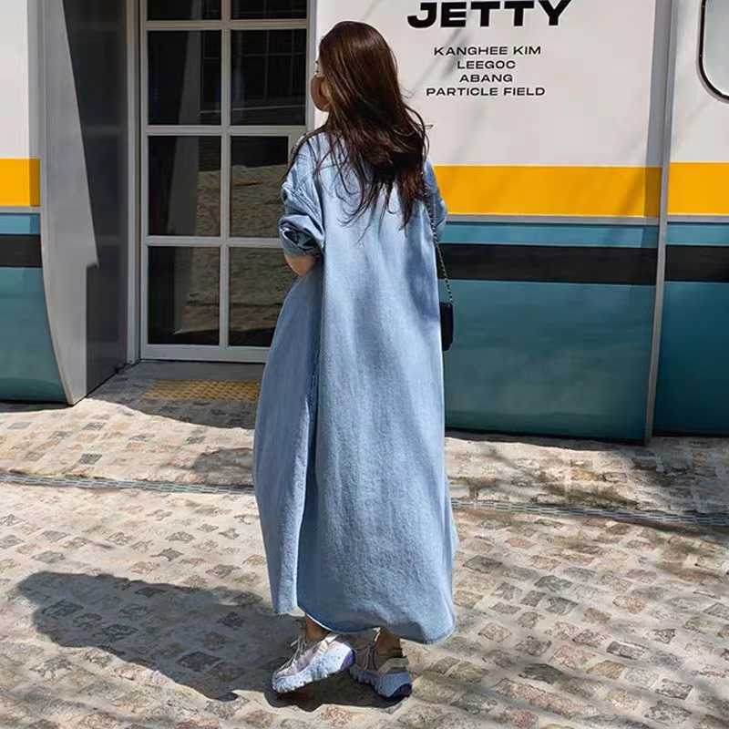 Spot Autum Long Over-The-Knee Denim Jacket for Women Korean Style Bf Style Long-Sleeved Shirt Versatile Casual Windbreaker Cardigan Trendy