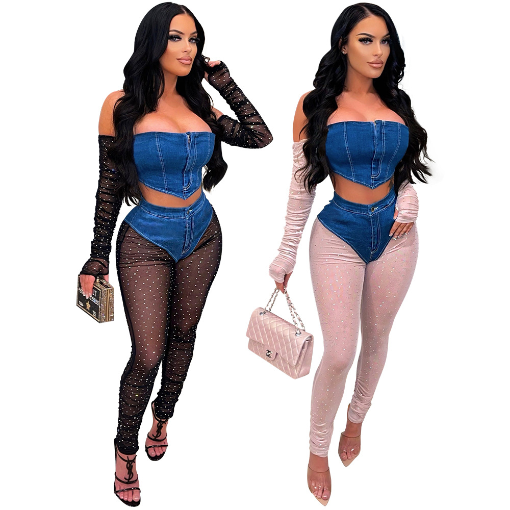 sexy long-sleeved off-shoulder tube top denim stitching top + perspective pants set NSCYF118676