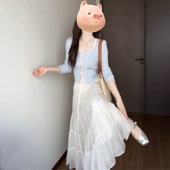 秋季一整套度假风超仙显瘦女学生半身裙+韩系减龄拼接假两件上衣|undefined