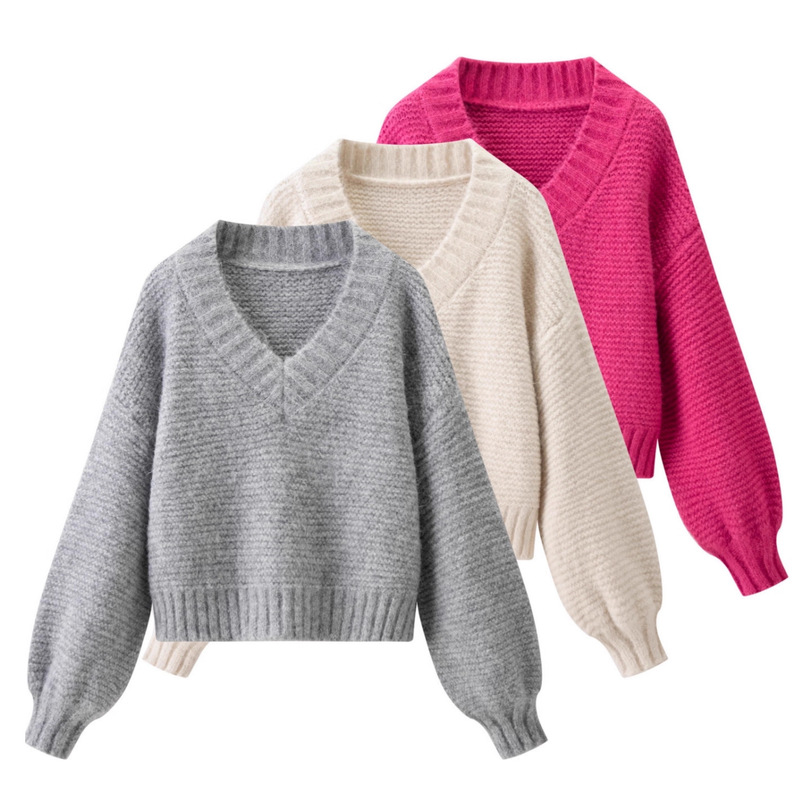 European Fashion Korean Retro Candy Color V-Neck Knitwear Autumn and Winter New Loose Long-Sleeved Thick Stick Knit Knitwear for Women