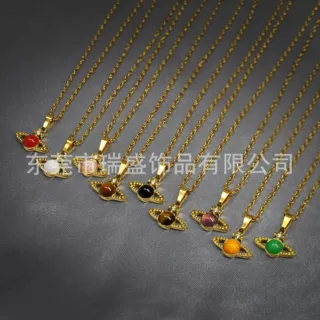 V金高版本西太后经典mini夹心土星天然石项链真金电镀18K