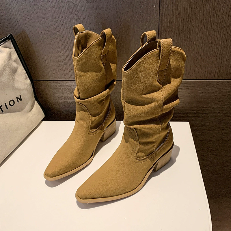 Модные повседневные ботинки Мартин на массивном каблуке для женщин, новинка осени-зимы 2025, длинные сапоги на толстой подошве, удобные сапоги для верховой езды, сапоги до середины икры с острым носком