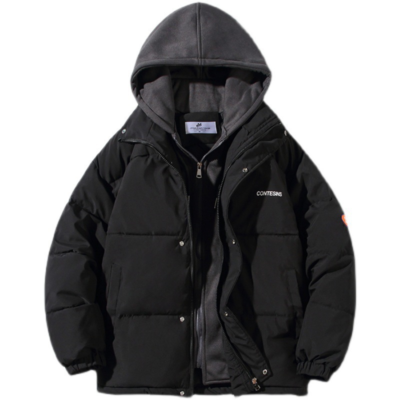 Invierno japonés nueva pareja de algodón falso dos piezas de algodón grueso joven hombre suelto abrigo con capuchón cálido