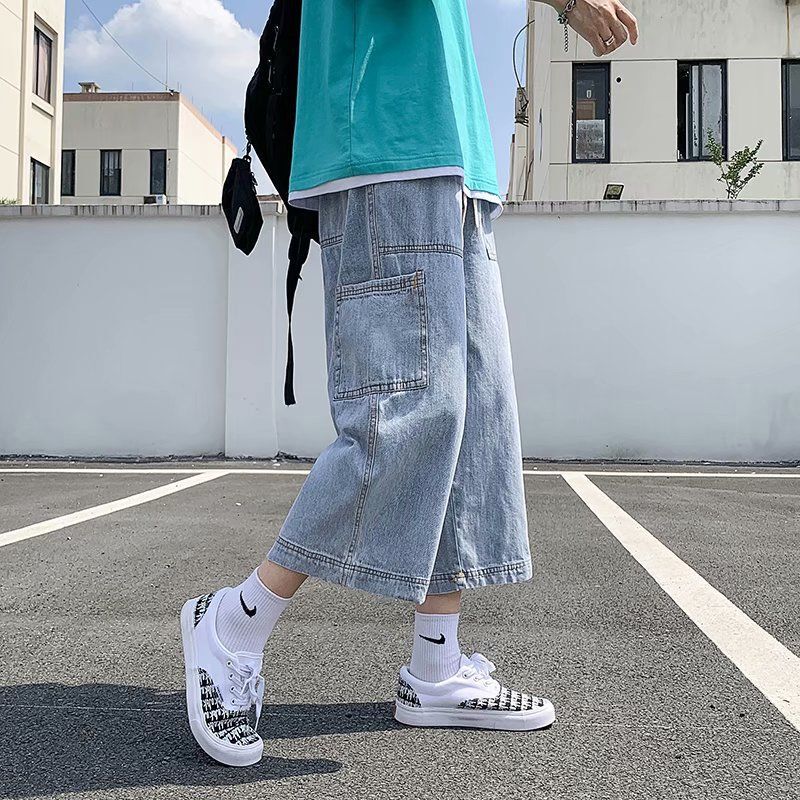 Denim Shorts Men's Summer Hong Kong-style Loose Straight Trendy Brand Fashionable Wide-leg plus size Capri Pants Workwear All-match Pants Denim Shorts Men's Summer Hong Kong-style Loose Straight Trendy Brand Fashionable Wide-leg plus size Capri Pants Workwear All-match Pants