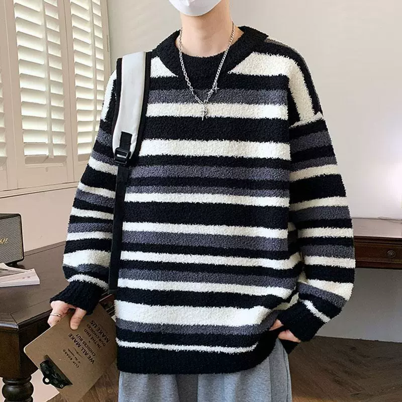 男士秋冬韩系宽松舒适撞色条纹毛衣男慵懒设计美式复古内搭针织衫