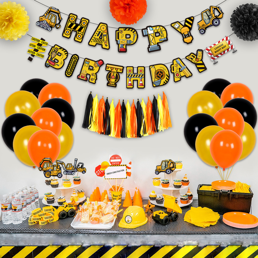 Vehículo de ingeniería globo cumpleaños tire bandera pastel tarjeta inserción globo traje excavadora banner fiesta decoración globo redondo