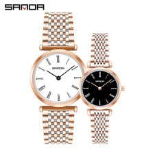 SANDA三达1046情侣手表时尚简约双针罗马刻度女士蝴蝶扣钢带腕表