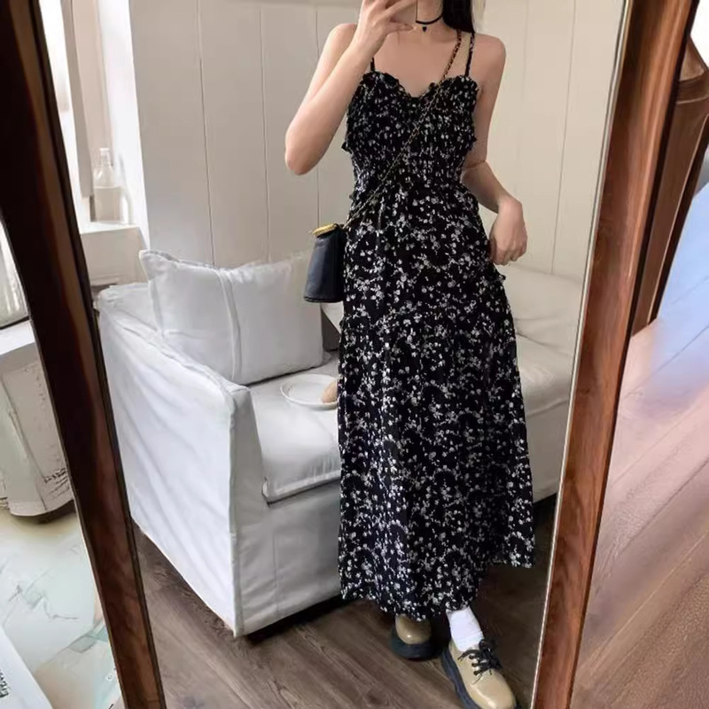 Black Floral Dress for Women 2026 Summer Slimming Suspender Dress Elegant Slit Dress Tea Break Dress French Long Dress