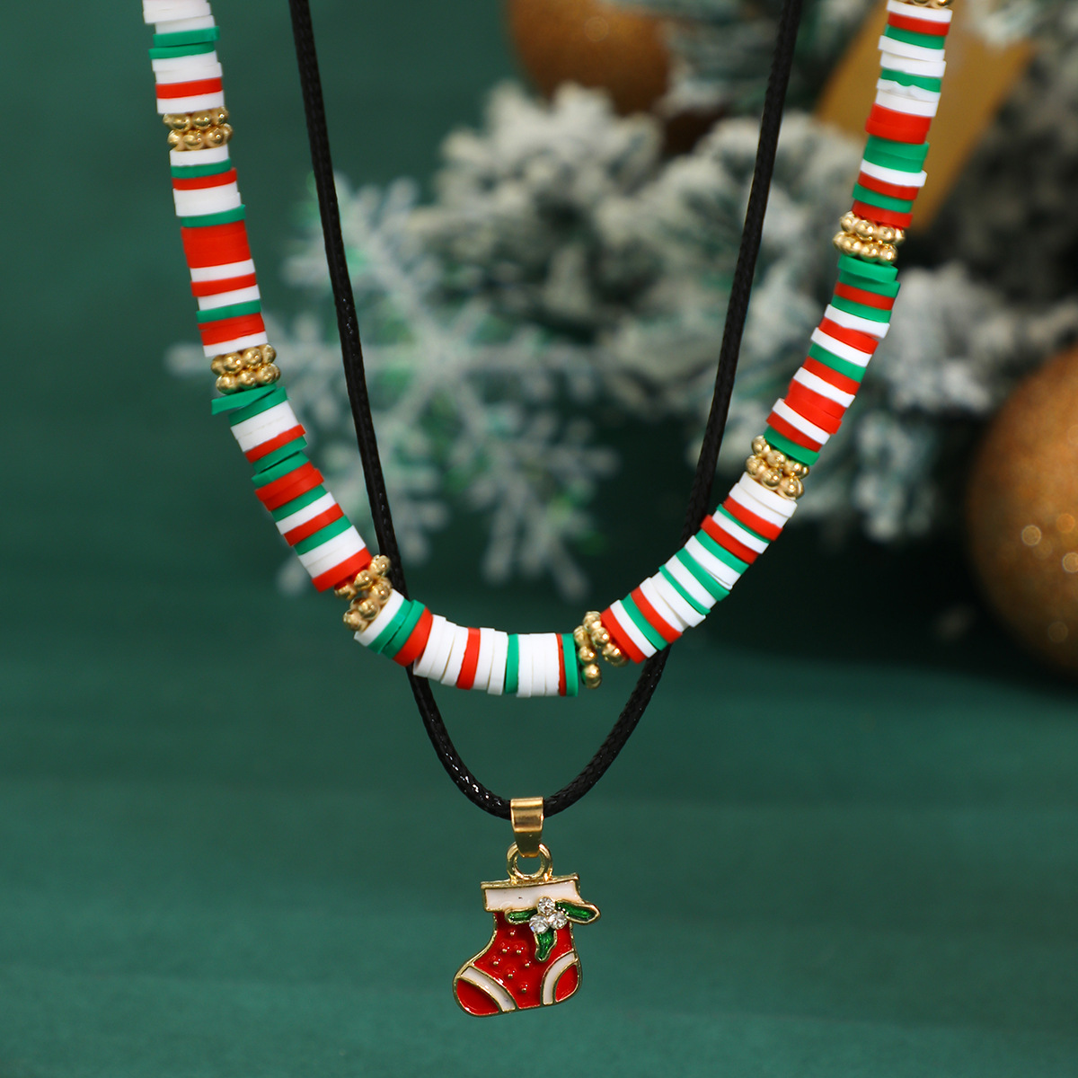 Christmas Beaded Choker Necklace With Crystal Snowman Charms_voghion.com