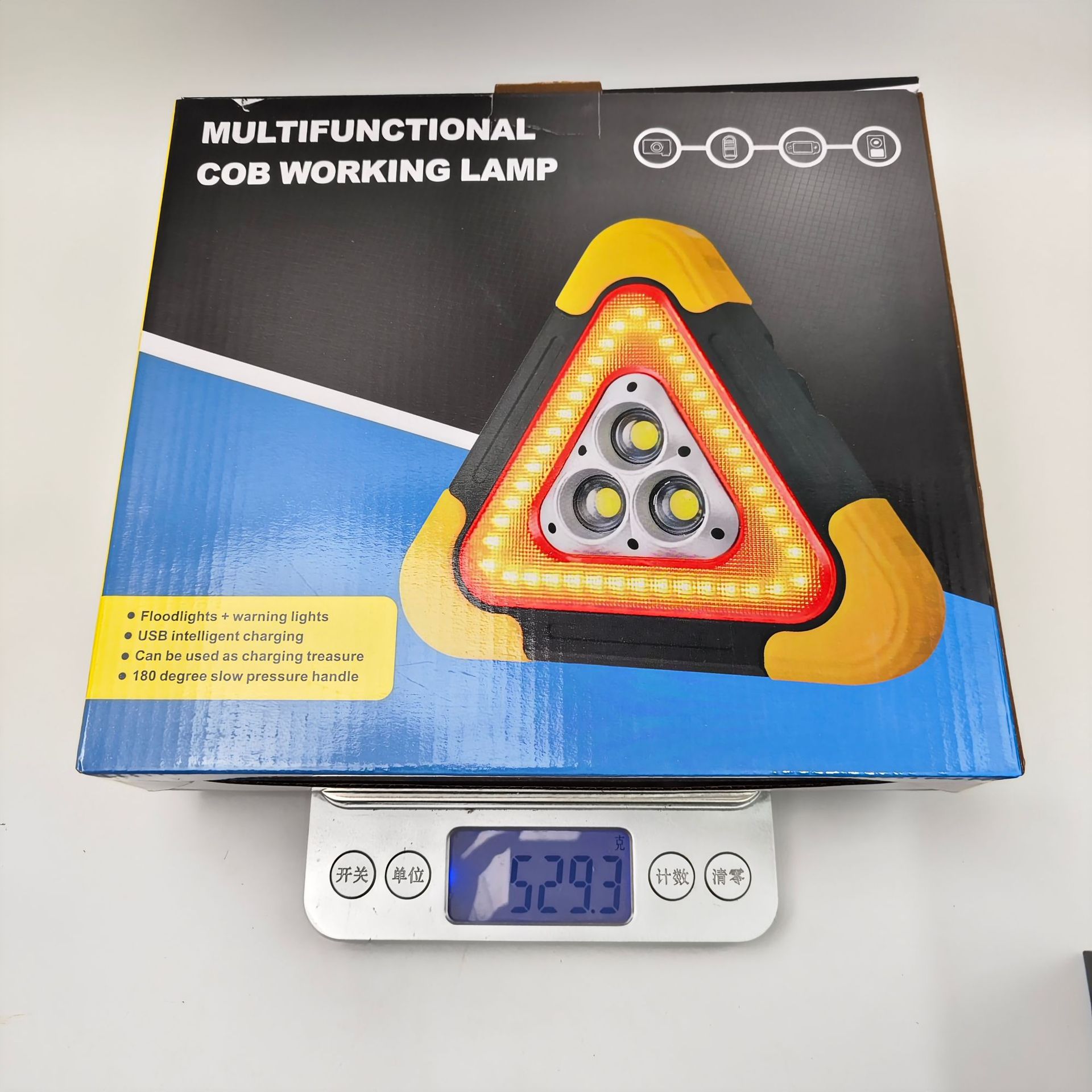 Car warning sign with LED lighting, USB charging port, solar-powered triangular warning sign