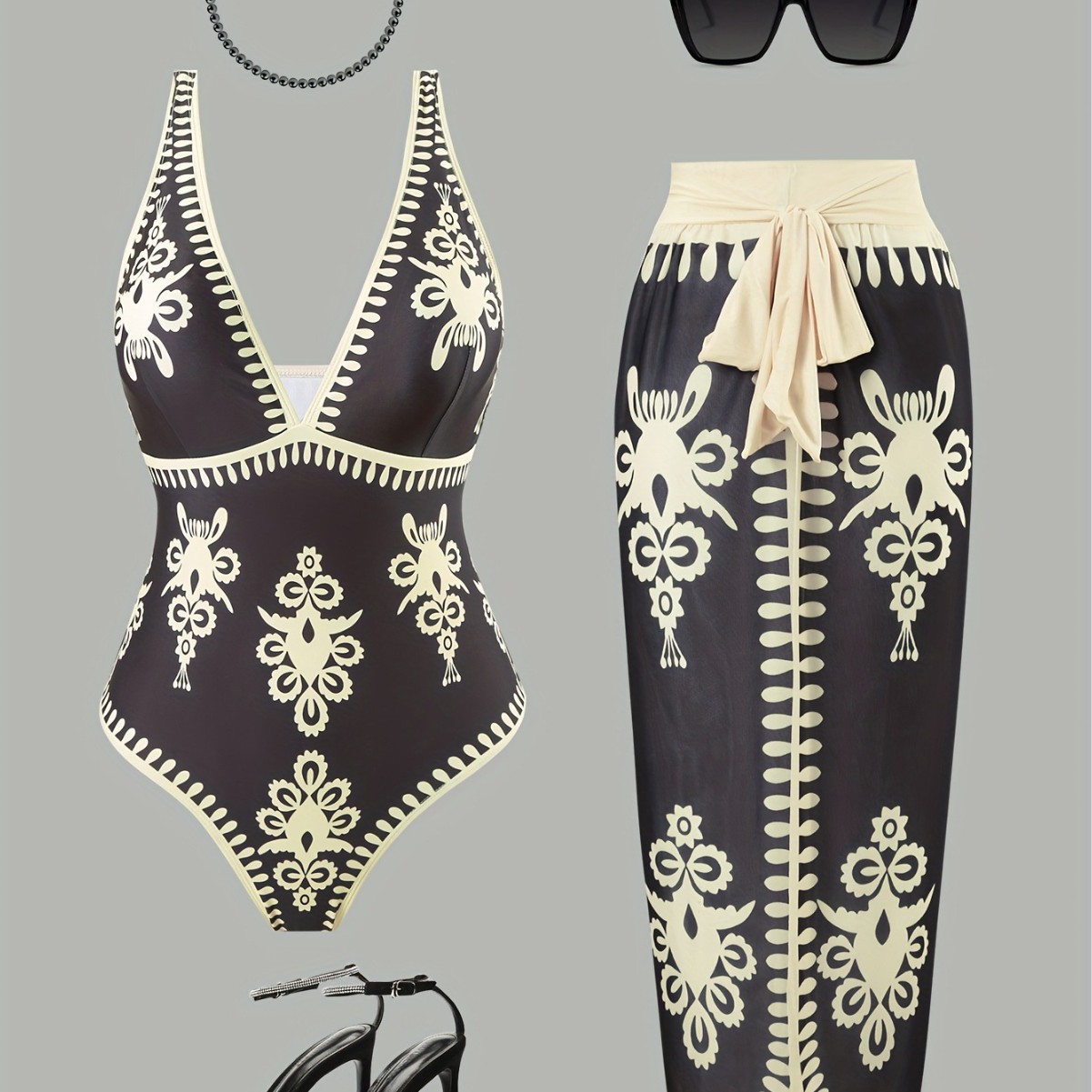 Women's Clothing Retro High-End Embroidered Two Piece Swimsuit Set Deep V Neck Push Up Slimming For Beach Vacations Women's Clothing Swimwear_voghion.com