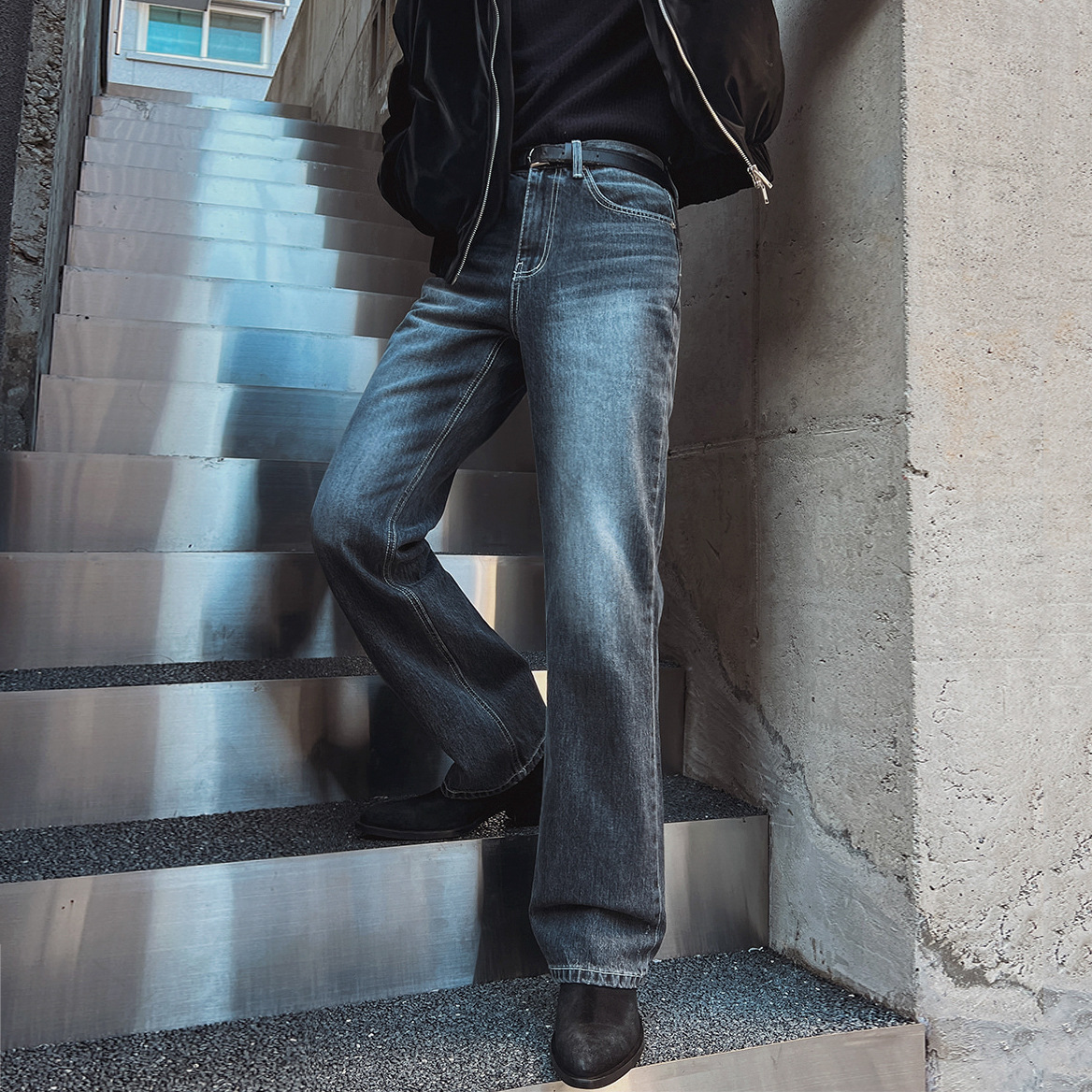 Men's Retro Washed Straight Leg Jeans Winter Casual Cleanfit Korean Style Mid Waist Stretch Polyester Outfit_mkmklike.com