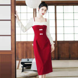 新中式国风改良版旗袍连衣裙女2025秋季新款复古拼接长袖红色裙子