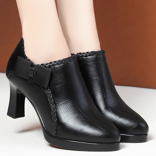 High-heeled shoes and waterproof platforms  new temperament fashion single shoes for women spring style thick heel comfortable middle-aged women's leather shoes