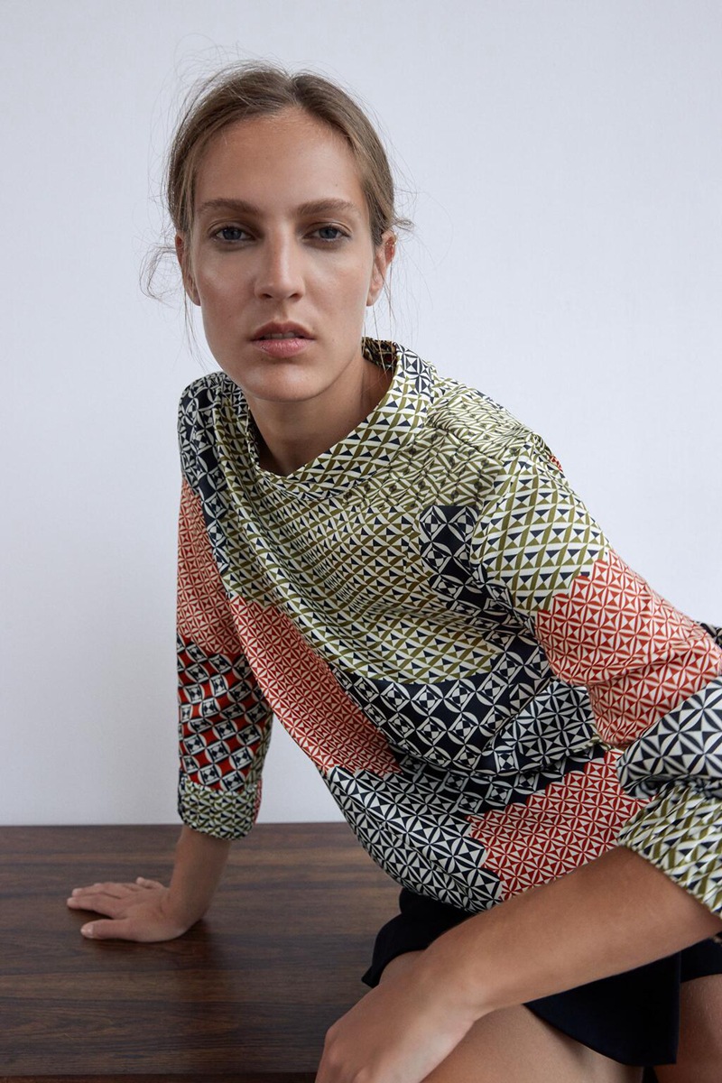 ZA2020RA同款欧美女装秋季新款复古风拼色款长袖圆领衬衫上衣女